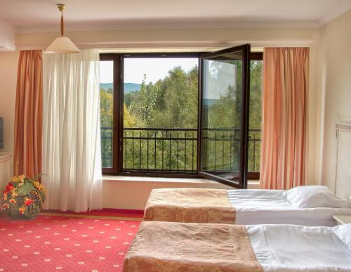 凯尔采Hotel Stodółka的酒店客房设有两张床和大窗户。