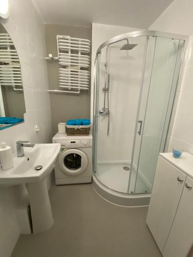 什切青Apartament Arkońska的带淋浴和洗衣机的浴室