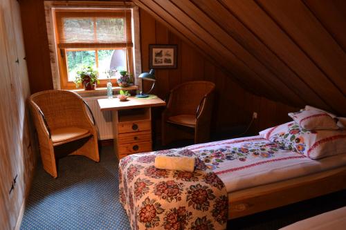 PobiednaAGROTURYSTYKA TEOSIOWO的一间卧室配有一张床、一张书桌和一个窗户。