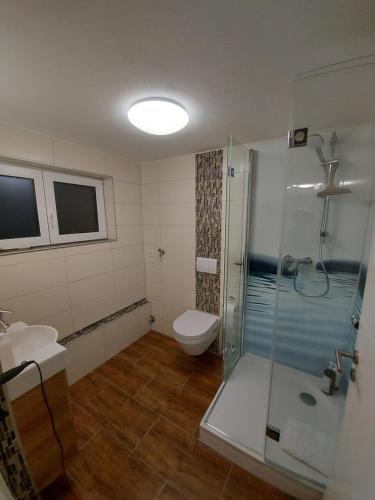 里登瑞奇Lavendel Apartment的带淋浴、卫生间和盥洗盆的浴室