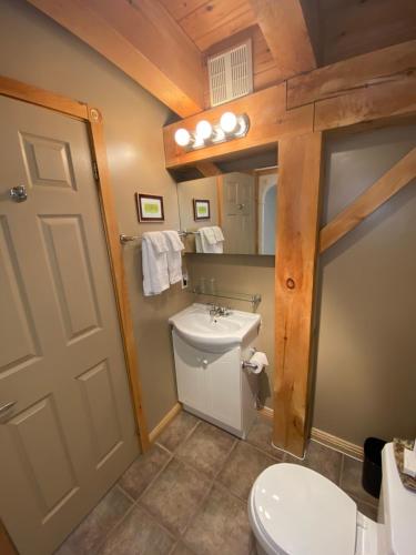 布莱顿木制度假山林小屋的浴室配有白色卫生间和盥洗盆。