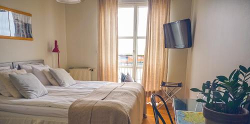 锡姆里斯港Maritim Hotell & Krog的一间卧室设有一张床、一台电视和一个窗口。