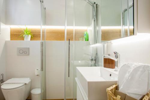 海若克利欧Katerina's home的带淋浴、卫生间和盥洗盆的浴室