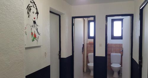 圣韦朗Õ 2040 Chambre Flocon的浴室设有2个卫生间和2扇带绘画作品的门
