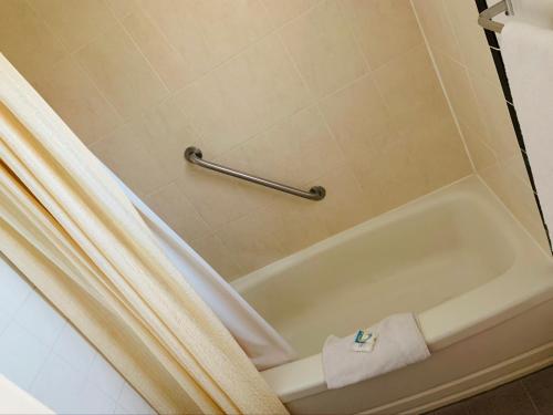 北湾Bo-Mark Motel的带浴缸和淋浴帘的浴室