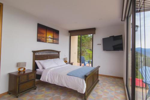 San BernardoHotel Casa Portones的一间卧室设有一张床、一台电视和一个阳台。