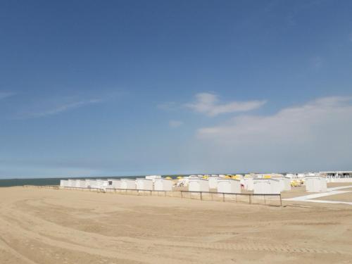 克诺克－海斯特Studio spacieux 50 m2 pour 2+2 tout confort的海滩上一排白色沙滩小屋