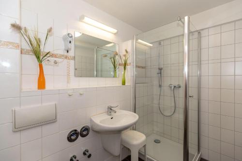 奥斯赛拜-屈隆斯博恩Residenz-Ostseewind-Wohnung-7-9618的白色的浴室设有水槽和淋浴。