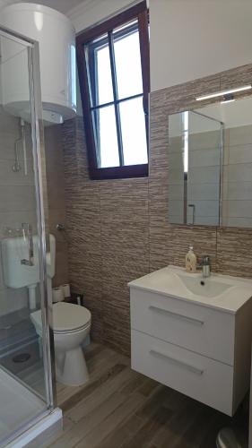 包姚Central Vendégház的一间带水槽、卫生间和镜子的浴室