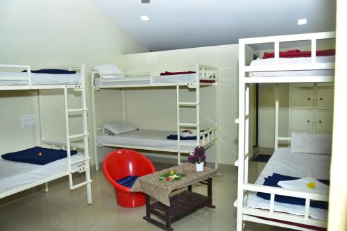 亨比Megha Resort , Hampi的客房设有双层床、红色椅子和桌子