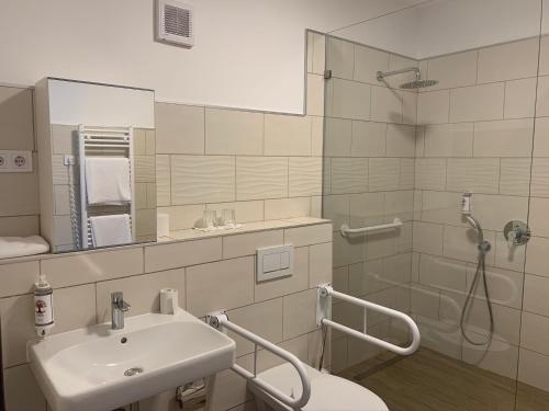 SzárÖregtölgy Apartman的一间带水槽和淋浴的浴室