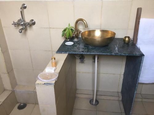 瓦拉纳西潘奇科特拉杰恒河住宿加早餐旅馆的一个带水槽和碗在柜台上的浴室