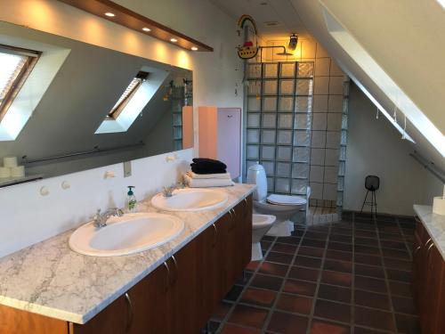 阿森斯Dejligt værelse med eget bad og havudsigt的一间带两个盥洗盆和卫生间的浴室