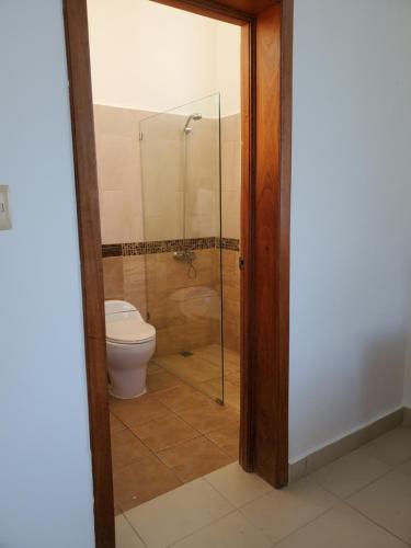圣塔芭芭拉-山美纳Hidden Paradise at Apto Del Cerro的一间带卫生间和玻璃淋浴间的浴室