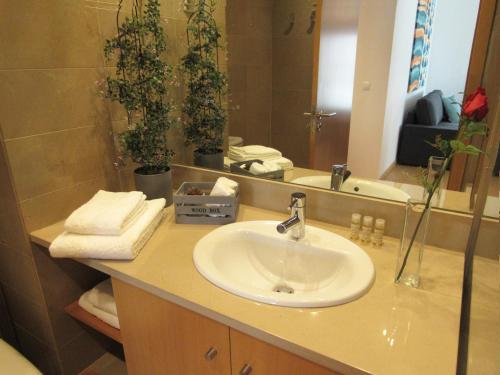 里斯本Panoramic in Travel, Parque das Nações的一间带水槽和镜子的浴室