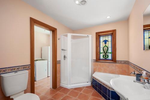 图朗伊Waters Edge Retreat - Motuoapa Holiday Home的浴室配有卫生间、盥洗盆和淋浴。