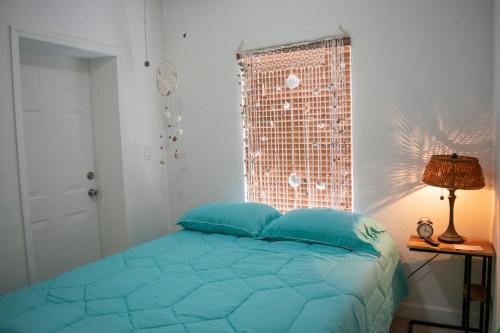 迈阿密Cozy room with Private Entrance - 3K的一间卧室配有一张带蓝色枕头的床和一扇窗户。
