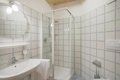 阿皮亚诺苏拉斯特拉达Appartements Eppanerhof的带淋浴、盥洗盆和镜子的浴室