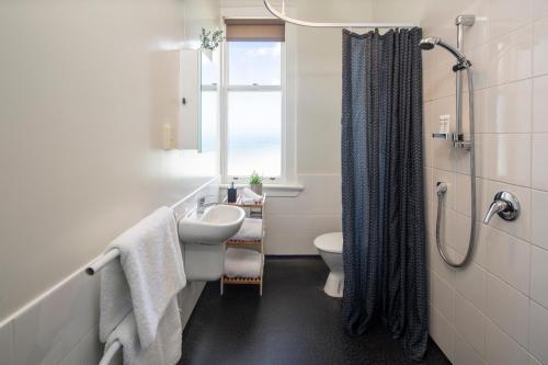 但尼丁Majestic Mansions – Apartments at St Clair的一间带水槽和卫生间的浴室以及窗户。