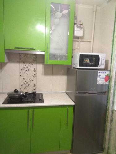 ShostkaХорошая однокомнатная квартира в центре города的一间小厨房,配有绿色橱柜和冰箱