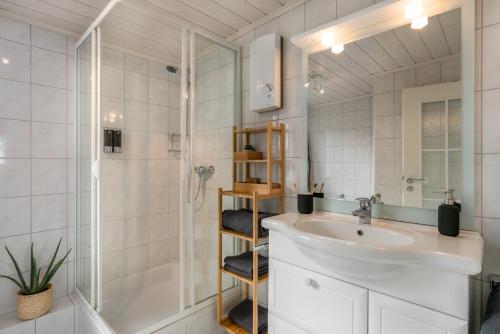 温特贝格FOREST & MOUNTAIN - 2min Bikepark, Bikestore, SNES, Terrasse, SSC的白色的浴室设有水槽和淋浴。