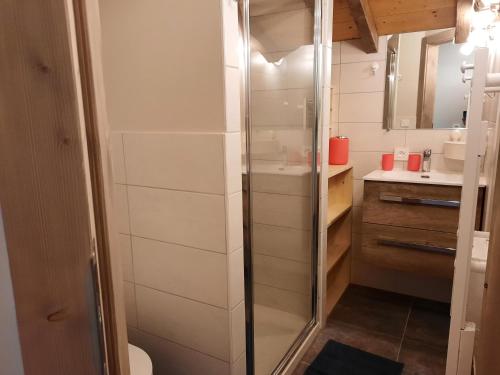 拉夏贝尔德邦达Chalet la sapiniere的带淋浴、卫生间和盥洗盆的浴室