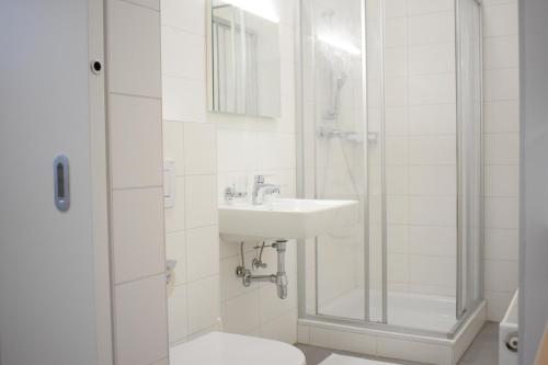林茨城市索维亚酒店的白色的浴室设有水槽和淋浴。