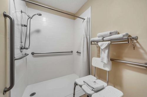 瓦伦泰因Comfort Inn的带淋浴、卫生间和毛巾的浴室