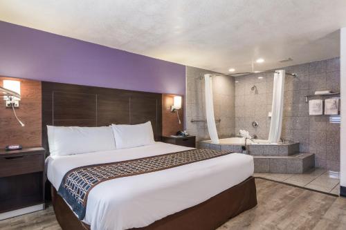 蒙特雷Rodeway Inn near Downtown Monterey的酒店客房设有一张大床和浴缸。