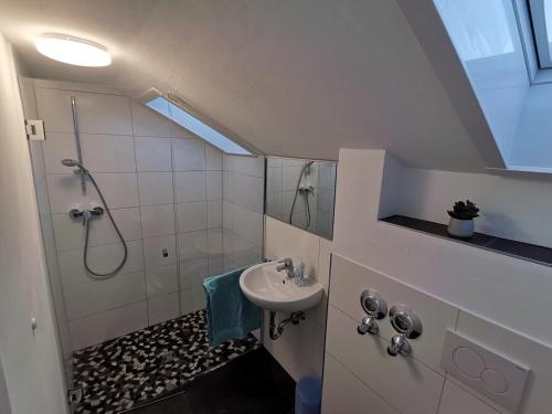奥伯劳Ferienwohnung Bene的一间带水槽和淋浴的小浴室