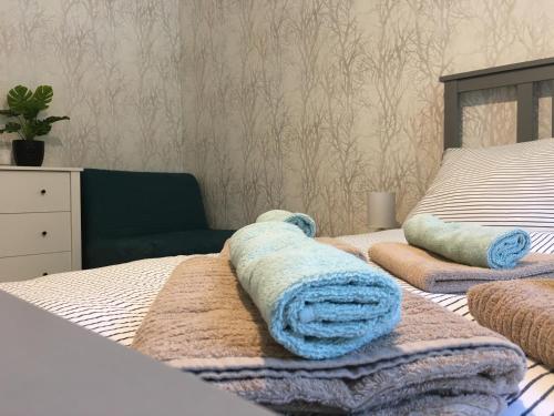 上马尔绍夫Apartmány Trio Horní Maršov的一张带两张毯子和枕头的床