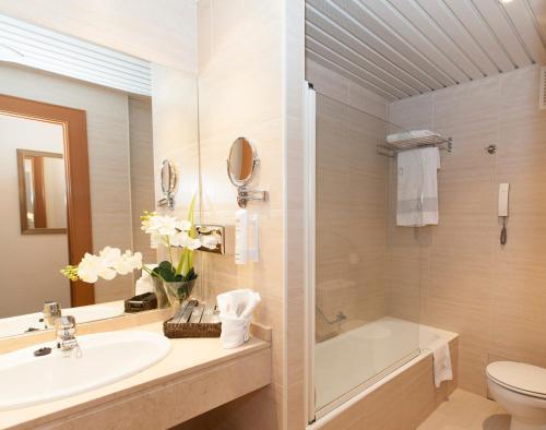 洛格罗尼奥Hotel los Bracos的浴室配有盥洗盆、卫生间和浴缸。