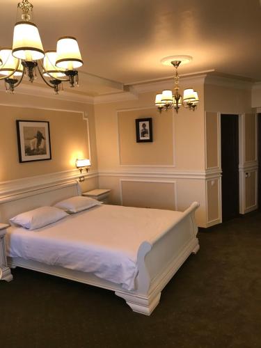 TecuciHotel Parc Tecuci的卧室配有一张带两个枕头的大白色床