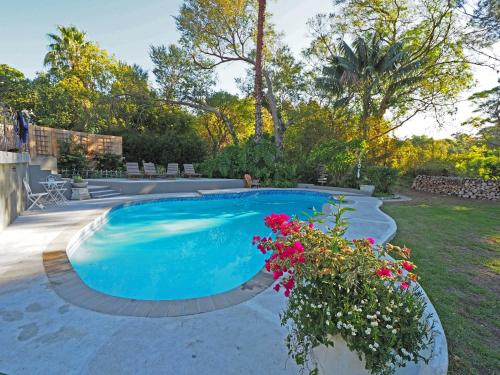 豪特湾Waterland Lodge的院子里鲜花盛开的游泳池