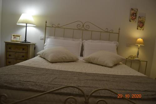 伊莫拉La Colombara - Fra i colli a 5 minuti dall'autodromo的一间卧室配有带两个枕头和一盏灯的床