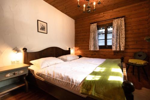 黑马戈尔Apartment HERZALE - Nassfeld的木制客房内的一间卧室配有一张大床