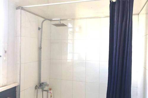 布罗肯希尔Modern Charming Miners’ Cottage +Free Internet的浴室内配有蓝色窗帘的淋浴