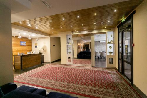 新库兹涅茨克Hotel Shale的一间铺有红色地毯的客厅