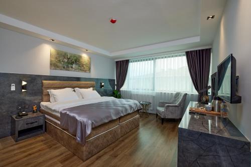 伊斯坦布尔The Bold Hotel的酒店客房,配有床和电视