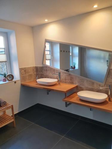克林根塔尔Gute Laune Hof Klingenthal的一间带两个盥洗盆和大镜子的浴室