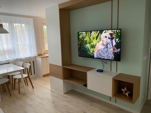 斯武普斯克Apartament uTymka的客厅设有壁挂式平面电视。