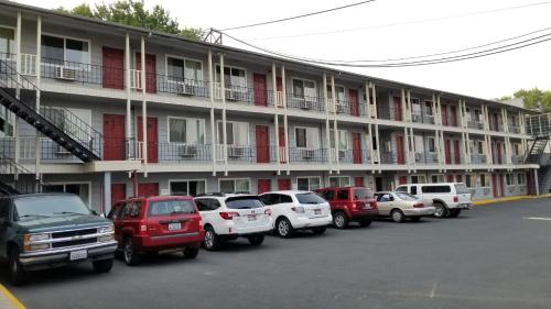 普尔曼美洲狮之地汽车旅馆的停在大楼前的一排汽车