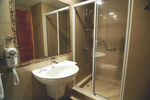 圣费尔南多翁蒂韦罗斯酒店的一间带水槽、淋浴和卫生间的浴室