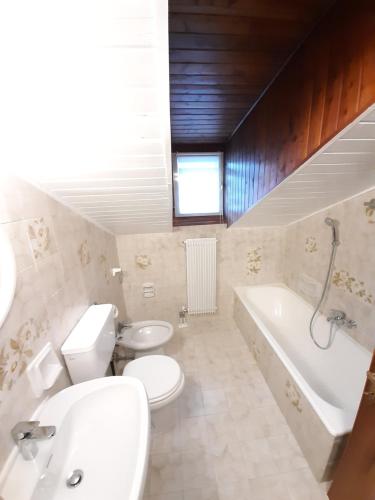 蒙克拉西科Ampia Mansarda a Dimaro in Val di Sole的浴室配有卫生间、盥洗盆和浴缸。