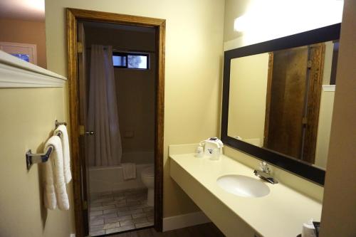 康科德Travelodge by Wyndham Concord的一间带水槽、卫生间和镜子的浴室