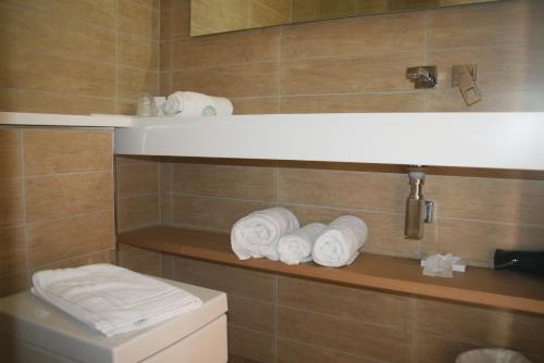 卢森堡奥利维尔酒店的浴室位于卫生间上方的架子上方,配有毛巾