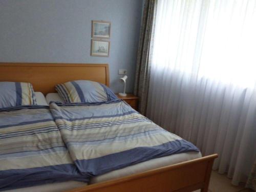 腓特烈港Ferienwohnung-Sanwald的一张铺有蓝色和白色床单的床和窗户