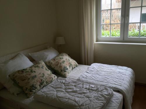 青斯特Zingst-3-Zi-Ferienwohnung-SEELORD-Strandresidenz-Godeke-Michels的卧室内的一张床位,带窗户