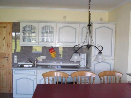 博尔滕哈根Zur-alten-Schmiede-II-Wohnung-unten-I的厨房配有白色橱柜和桌椅