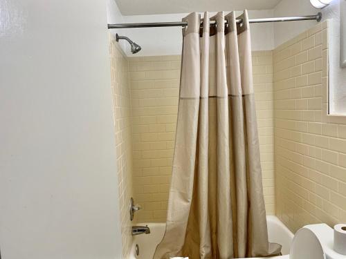 博登镇Scottish Inns and Suites- Bordentown, NJ的带淋浴帘和卫生间的浴室